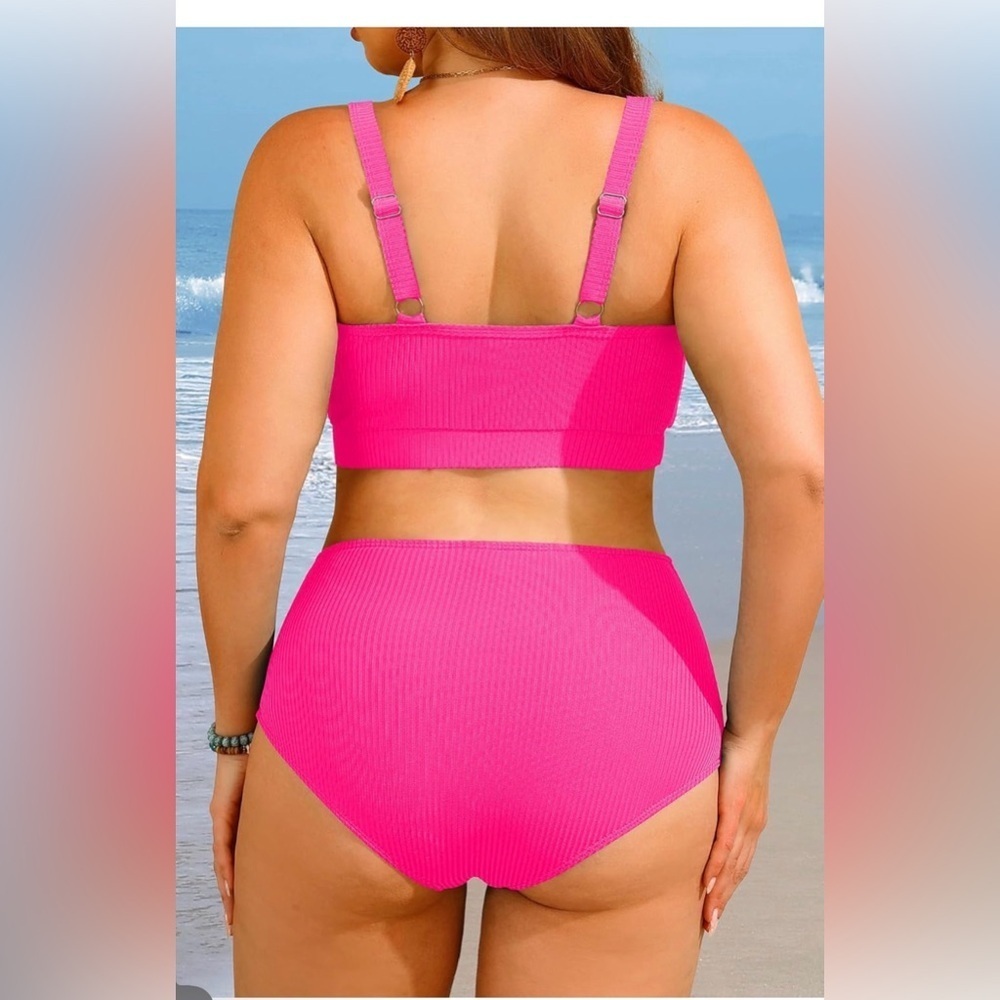 🆕Women Plus Size High Waisted Bikini - Ribbed Two Piece Swimsuit Tummy Control - Picture 2 of 3